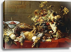 Постер Снайдерс Франц A Basket of Fruit on a Draped Table with Dead Game and a Monkey,