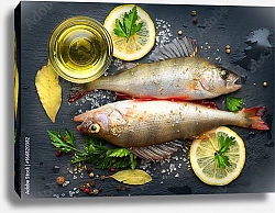 Постер Свежая рыба с ароматными травами, специями и солью