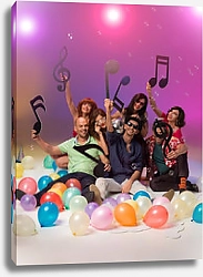 Постер Группа друзей в окружении воздушных шаров