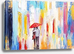 Постер Пара в дождь под зонтом