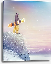Постер Сноубордист стоящий на вершине скалы