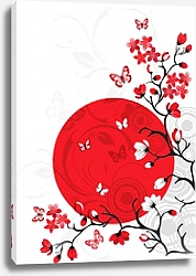 Постер Вишневые цветущие ветви на фоне красного солнца