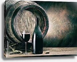 Постер Дубовый бочонок с бутылкой и стаканом красного вина