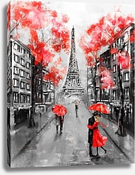 Постер Пара под зонтиком на улице Парижа в чёрно-красных тонах