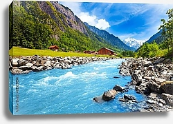 Постер Швейцария. Горный пейзаж с быстрой рекой
