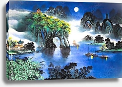 Постер Китайский традиционный пейзаж с озером