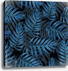 Постер Синие тропические листья на черном фоне