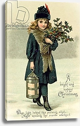 Постер Школа: Английская 20в. Young girl with Holly and Lantern, postcard, early 20th century