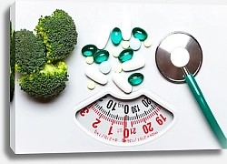 Постер Брокколи, стетоскоп и таблетки на весах