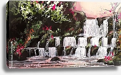 Постер Многоступенчатый водопад в цветущем саду