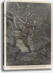 Постер Бельтрам Ахилл I drammi delle profondita marine, palombaro assalito e avvinghiato dai tentacoli di un enorme polipo