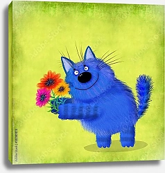 Постер Сикорский Андрей (совр) Синий пушистый кот с тремя цветами