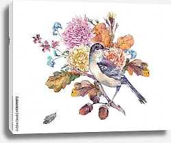 Постер Акварельная птица с осенним букетом