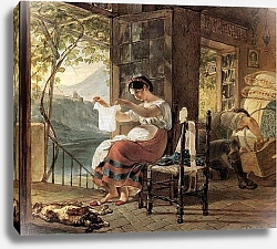 Постер Брюллов Карл Итальянка, ожидающая ребенка, разглядывает рубашку, муж сколачивает колыбель. 1831