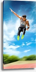 Постер Спортсмен прыгает на поле для легкой атлетики