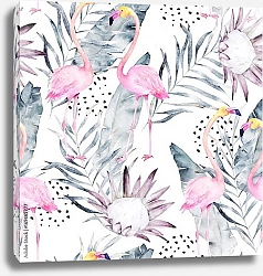 Постер Абстрактный тропический узор с фламинго и листьями