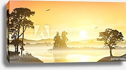 Постер Туманный речной пейзаж с восходом солнца