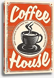Постер Кофейня, ретро вывеска с чашкой кофе на красном фоне