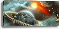 Постер Планета с кольцами и сателлитами