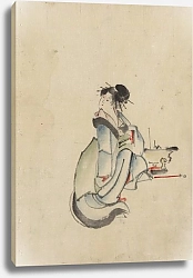 Постер Хокусай Кацушика A woman, possibly a courtesan, seated, facing right, with her head turned to look back over her right shoulder, wearing several hairpins