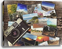 Постер Старинный фотоаппарат и фотографии на деревянном фоне
