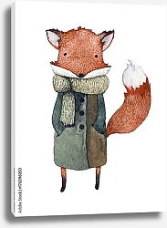 Постер Акварельная иллюстрация милой лисицы в пальто