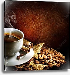 Постер Чашка кофе с корицей на мешковине