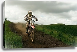 Постер Мотоциклист на грунтовой дороге в поле