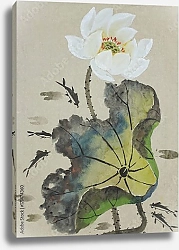 Постер Белый цветок лотоса и рыбы