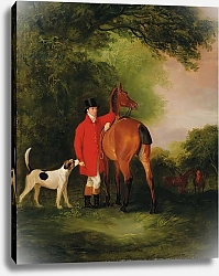 Постер Фернли Джон Portrait of Lord Lismore in a hunting coat with his bay hunter and a hound, in a landscape, a hunting party beyond