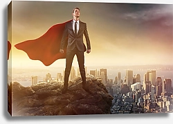 Постер Бизнесмен-супермен над городом