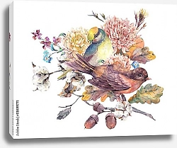 Постер Акварельная пара птиц с осенним букетом 2