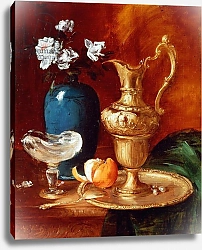Постер Воллон Антуан Still life of a gilt ewer, vase of flowers and a facon de Venise bowl