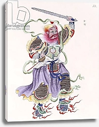Постер Школа: Китайская 19в. A figure with a red beard brandishing a sword and holding a golden circle, c.1800