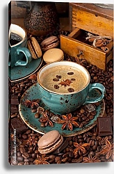Постер Кофе в старинной кашке с печеньем и шоколадом