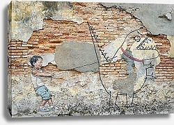 Постер Рисунок на стене мальчика с динозавром