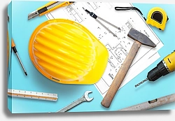 Постер Строительные инструменты и чертежи проекта на столе
