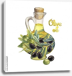 Постер Акварельная бутылка с оливковым маслом