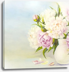 Постер Розовые и белые цветы пионов в белой вазе, деталь