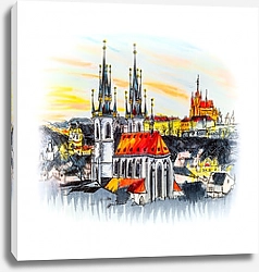 Постер Старый город с храмом на закате в Праге, Чехия, эскиз
