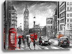 Постер Красная телефонная будка на мокрой улице Лондона
