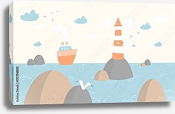 Постер Маяк и пароход в море