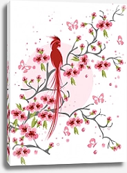Постер Попугай на ветке цветущей вишни
