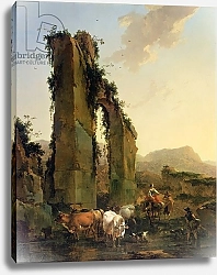 Постер Берхем Николас Peasants with Cattle by a Ruined Aqueduct, c.1655-60
