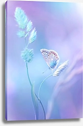 Постер Голубая бабочка на травинке на мягком сиреневом фоне