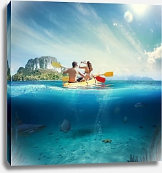 Постер Молодая пара на каяке у тропического острова