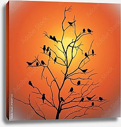 Постер Дерево с птицами на фоне заката