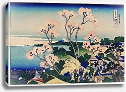 Постер Традиционная японская иллюстрация цветения сакуры на фоне горы Фудзи и деревенских жителей, устраивающих пикник и наслаждающихся жизнью