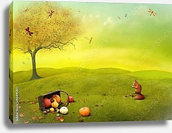 Постер Яркий осенний пейзаж с корзинкой овощей и белочкой