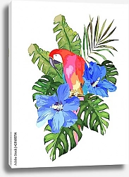 Постер Красный попугай в тропических листьях